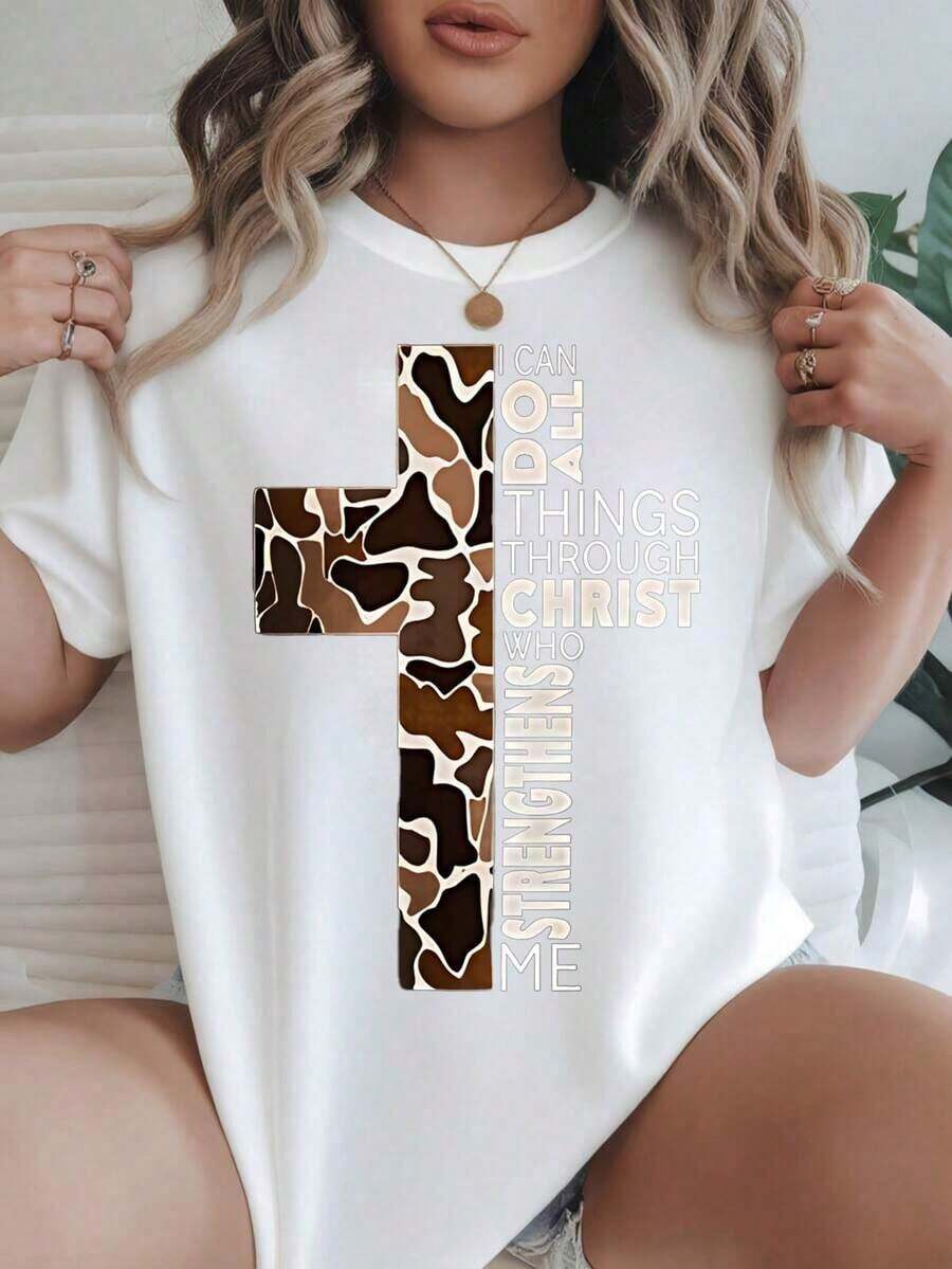 Camiseta Casual de Manga Corta para Mujer - Diseño de Camuflaje Marrón y Beige con Patrón Cruzado, Cuello Redondo, Top de Verano, Lavable a Máquina, Camisetas para Damas, Ropa Casual, Estilo Moderno, Ajuste Cómodo  
 -Blanco - Blanco - Ver 1