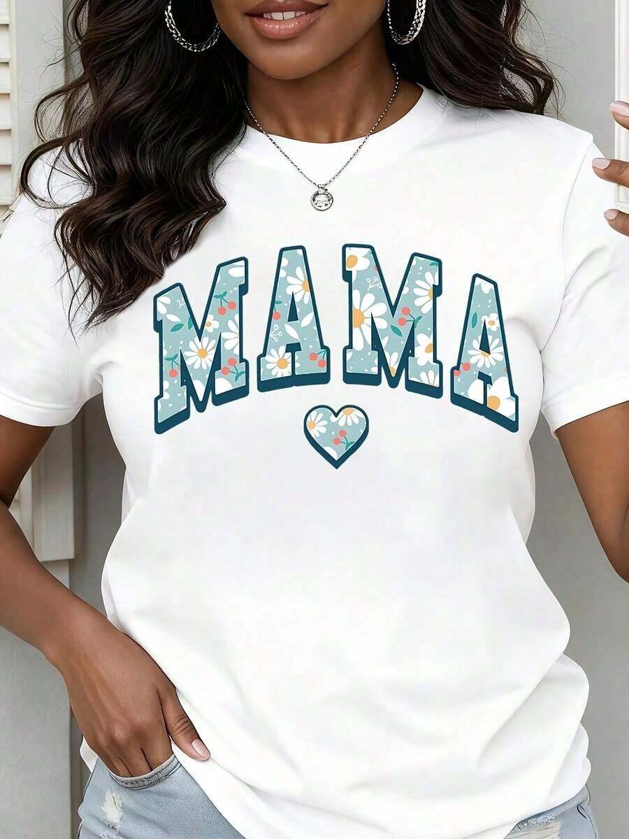 Camiseta de Cuello Redondo para Mujer con Estampado Floral y Diseño de Corazón, Manga Corta, Ropa Casual para el Día a Día para Madres y Mamás - Blanco - Ver 1