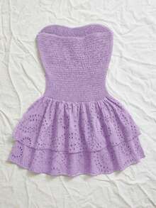 Vestido azul marino con cintura ceñida, plisado, sin tirantes, sexy, calado, con bordado y dobladillo fruncido, estilo vacaciones - Lila Púrpura - Ver 2