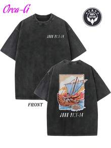 Washed - [Orca Coatings] 250g Vintage T-Shirt - Fishing Design Based On The Bible, John 1:14 - Relaxed Fit, Dropped Shoulders - Beige/Brown Washed Cotton Effect - Urban Style Essential For Everyday Wear And Events - Machine Washable, Hippie Style, Ribbed Collar - 黑色 - 查看 7