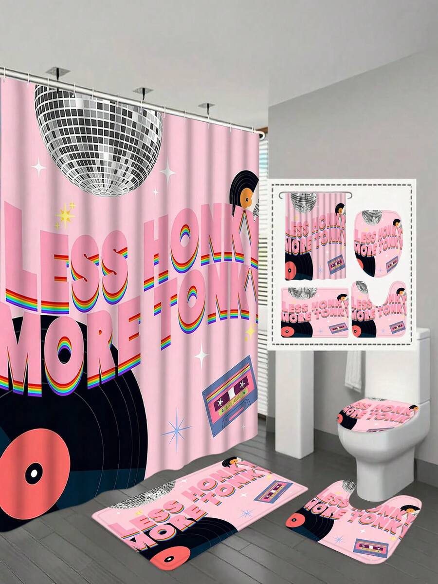 Bộ 4 món đồ dùng phòng tắm phong cách disco, bao gồm rèm tắm, thảm toilet, nắp bồn cầu và thảm bồn tắm, phụ kiện phòng tắm màu hồng retro.