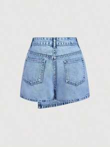 Minifalda vaquera casual y versátil para uso diario con bolsillos y decoración de botones para mujer - Azul 2 - Ver 2