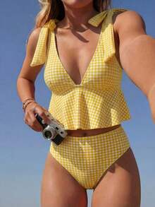 Mod Conjunto de traje de baño de 2 piezas para mujer con top corta de tirantes finos con estampado de cuadros y nudo delantero, y Bottom tipo bikini con cordón en la cintura, para verano - Amarillo - Ver 5