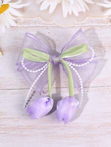 1pc Purple Tulip Hair Bow For Women Elegant Faux Pearl Chain Bow Hair Clip Purple Organza Bow Alligator Clip Romantic Bead Chain Bow Hair Barrette Cute Flower Hairpin For Daily Party & Holiday Women Hair Accessories,Travel,Birthday, Claw Clips - Purple - View 8