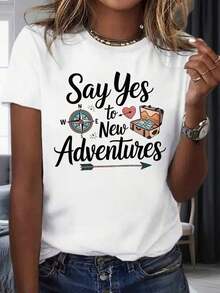 Say Yes To New Adventures Women's Compass, Suitcase & Heart Arrow Graphic T-Shirt, Casual Summer Top, Travel Inspired Fashion Clothing, Party & Vacation Wear 220mg - 黑色 - 查看 3