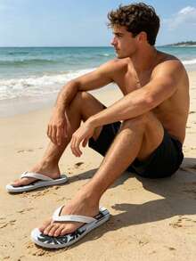 Men's Fashion Slippers With Coconut Tree & Letter Design, Casual Flip Flops For Beach, Party, Home & Outdoor, Summer - White a - View 5
