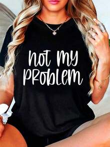 Manga corta, Tallas grandes, Camiseta de talla grande para mujer "No es mi problema" - Estampado con el eslogan "No es mi problema", Blusa casual de manga corta y cuello redondo para atuendo casual de primavera y verano - Conjunto para autocuidado y establecimiento de límites (con letras decorativas) - ¡En stock! Ocio - Negro - Ver 1