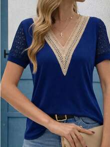 Women's Summer V-Neck Lace Patchwork Short Sleeve Blouse - Navy Blue - View 4