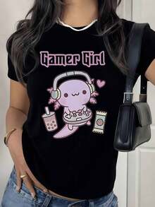 Under The Radar Women's Crew Neck T-Shirt With Digital Print Of A Gamer Axolotl With Headphones And Drinks, 100% Cotton, Youthful Style, Casual Vintage Street Style Design, Unisex Loose Cotton Short Sleeve Crew Neck T-Shirt - 黑色 - 查看 6