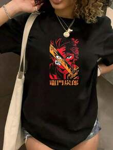 Under The Radar Crew Neck Funny Print T-Shirt With Red Demon Face Print, Inspired By Anime And Manga, For Women And Men, Unisex, Black, Casual, Suitable For Party Gifts - Urban Vintage Style, Unisex, Loose Fit, Cotton, Short Sleeve, Crew Neck. - 黑色 - 查看 7