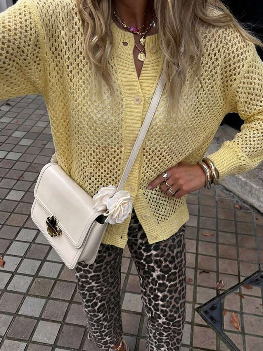 Live To Mo Summer Yellow Hollow Hook Knitted Cardigan Elegant And Casual Summer Long Sleeve Top, Suitable For Women's Beach Vacation And Daily Wear - Yellow - View 1