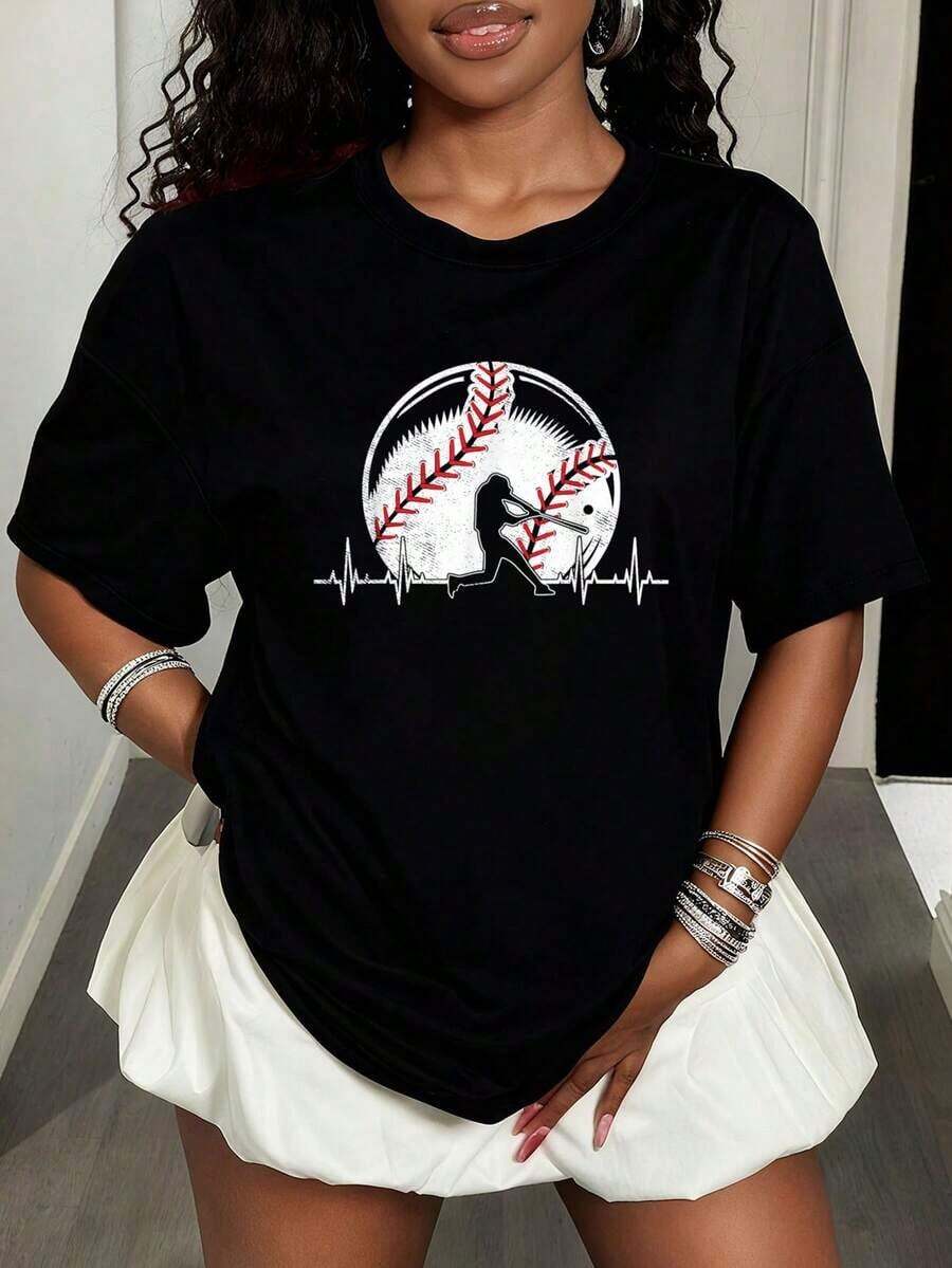 PremiumRegalos de latido de corazón de béisbol para chicos que aman el béisbol, camiseta gráfica, camisetas de moda casual para mujeres, estilo de tops Eco-Friendly - Negro - Ver 1