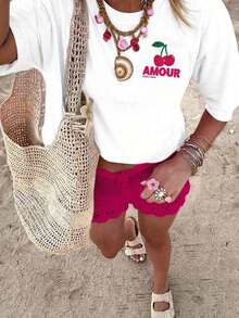 Camiseta casual de manga corta con cuello redondo y estampado de letras y cerezas para mujeres de talla grande. - Blanco - Ver 2