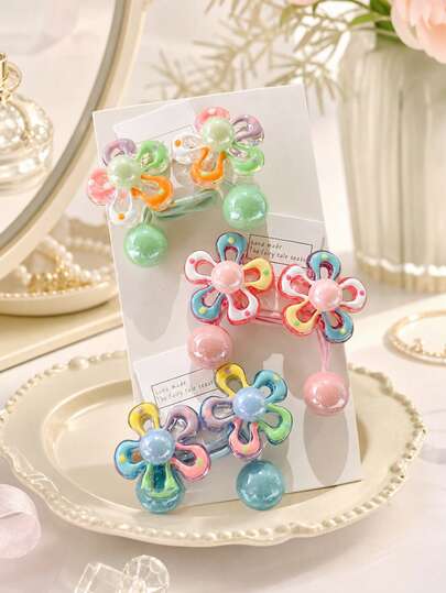 Set de 2 coleteros con diseño de flores y princesas de dibujos animados para niñas, sujetadores de coleta con cuentas de colores