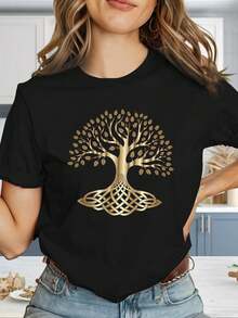 Women's High-Quality, Comfortable And Stylish T-Shirt, Y2K Style, With Geometric Logo Print "Golden Celtic Tree Root System" - Slim Fit Short Sleeve T-Shirt, Black And Gold, Casual Summer Wear, Machine Washable Stretch Fabric (Wrinkle-Resistant), Suitable For Casual And Layering Wear, New 2026 Collection - 100% Breathable Cotton - 黑色 - 查看 12