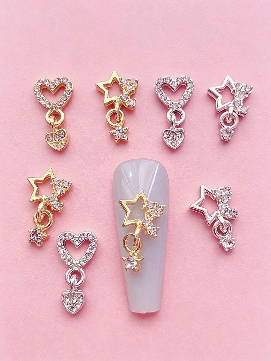 10pcs 3D Modeling, Made Of Zinc Alloy And Rhinestone Materials, Silver, Starfish, Heart-Shaped, Star Pendant, Heart Pendant, Pentagram Nail Art Decoration, Suitable For Nail Art Creation, Cute Style, DIY Decorative Accessories, Shiny Nail Accessories, Nail Products, Nail Gemstones Nails Decorations From The Y2K Valentine's Day Mother's Conservation Association - Multicolor - View 1