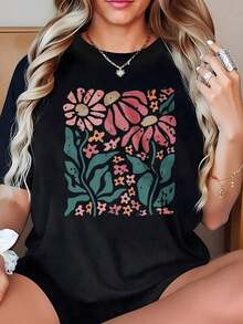 Plus Size T-Shirt With Floral Print, Floral Design With Daisies And Leaves, Vintage Wildflower Pattern, Perfect For Wearing Outdoors In Summer, Round Neck. - 黑色 - 查看 3