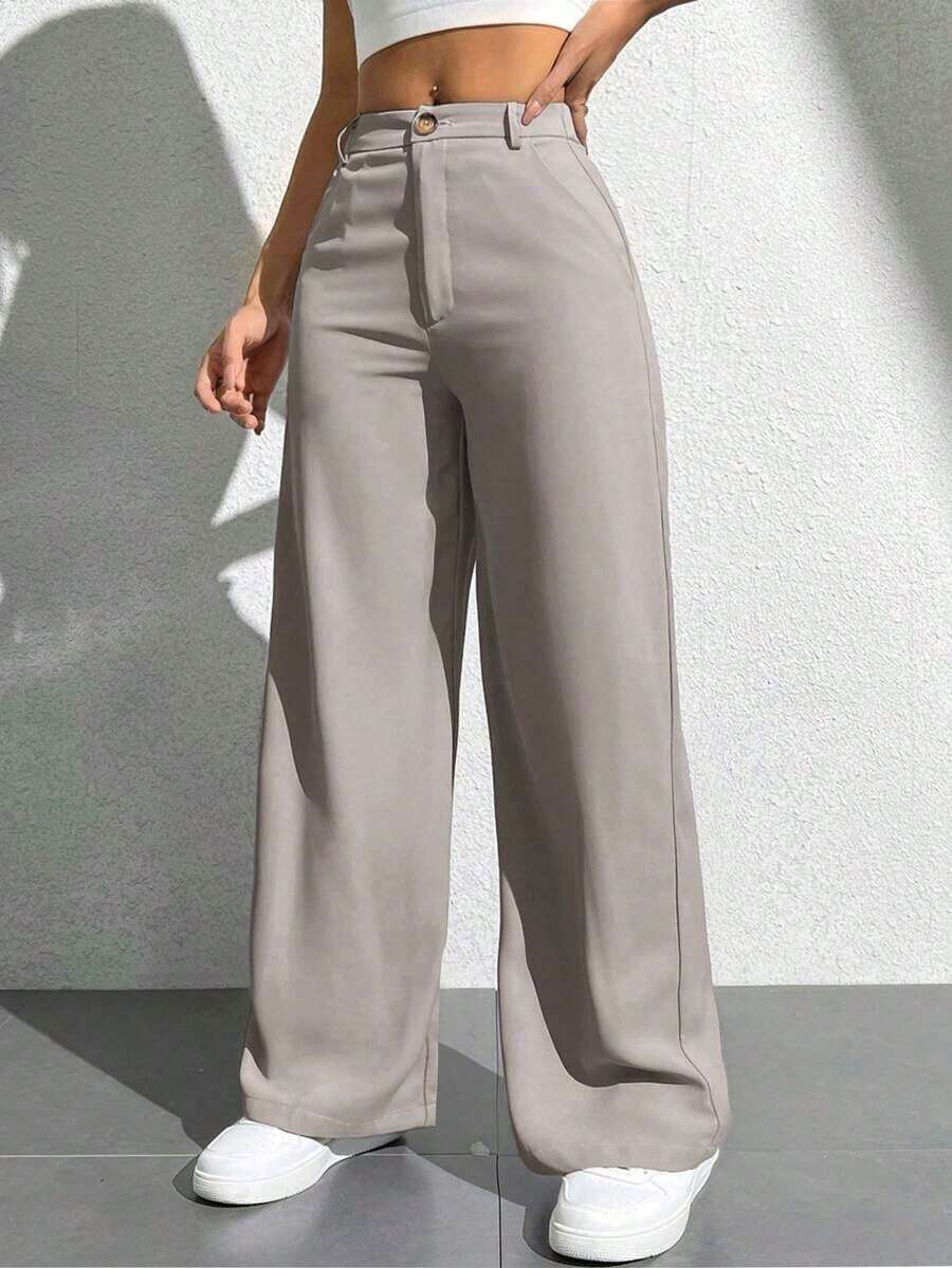 Pantalones anchos casuales y sueltos con bolsillos para mujer - Gris Claro - Ver 1