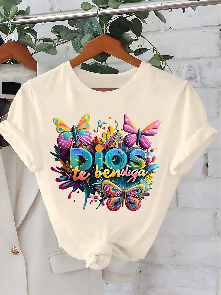 Camiseta de mujer de cuello redondo, manga corta casual, con creencia religiosa, ramo de letras simples, camiseta de manga corta con estampado de moda para primavera y verano - Albaricoque - Ver 1