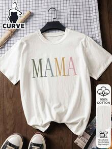 1pscMAMA Camiseta de Manga Corta para Mujer, Talla Grande, Estampado de Letras, 100% Algodón, Estilo Casual, Tela Suave, Ropa de Algodón, Camiseta para Exteriores, Patrón Estampado, Camiseta de Verano, Camiseta para Mujer, Blusa de Verano, Atuendo para Vacaciones, Estilo de Viaje, Estilo Playero, Ropa Minimalista para Resort, 100% Algodón - Blanco - Ver 1