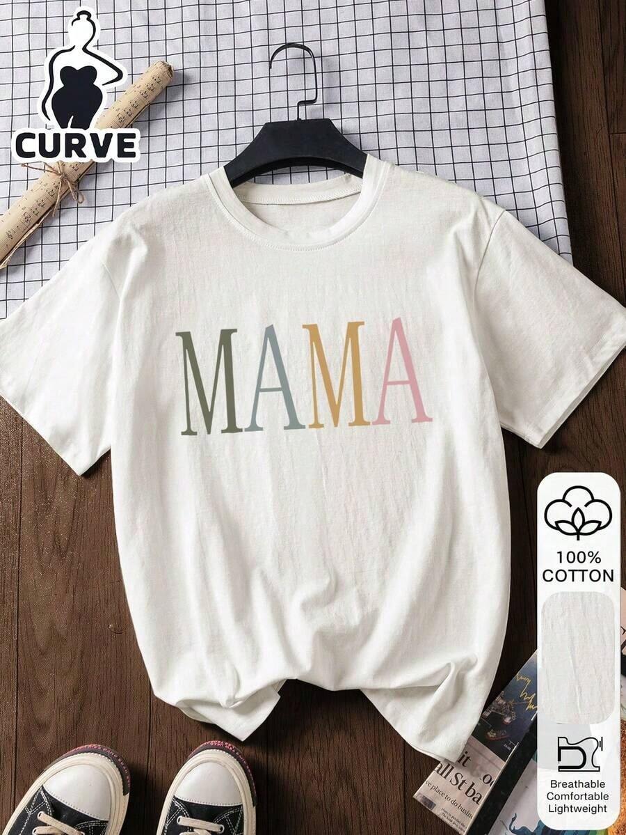 1pscMAMA Camiseta de Manga Corta para Mujer, Talla Grande, Estampado de Letras, 100% Algodón, Estilo Casual, Tela Suave, Ropa de Algodón, Camiseta para Exteriores, Patrón Estampado, Camiseta de Verano, Camiseta para Mujer, Blusa de Verano, Atuendo para Vacaciones, Estilo de Viaje, Estilo Playero, Ropa Minimalista para Resort, 100% Algodón - Blanco - Ver 1