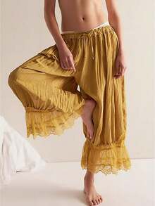 Women Lace Trim Bloomers Casual Elastic Mid Rise Ruffle Cropped Pants Loose Slips Trousers Comfort Bottoms - 黃色 - 查看 1