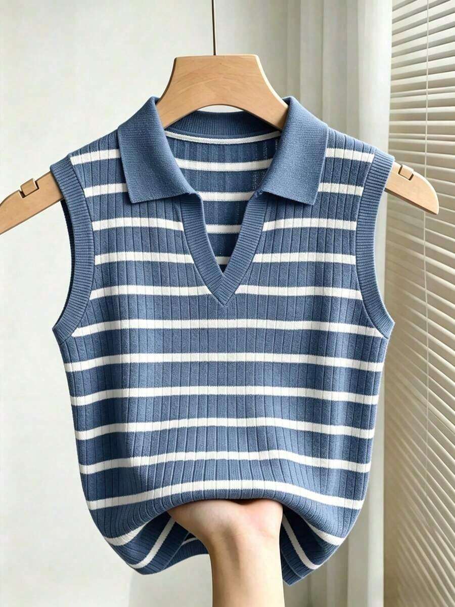 Chaleco de punto de rayas con cuello para mujer, elegante y casual - Azul - Ver 1