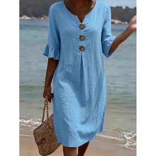 Women's Cotton Linen V-Neck Dress, Button Front Ruffle Sleeve Dress, Casual Summer Outfit - 白色 - 查看 3