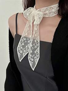 1pc Soft Elegant Lace Scarf, Fashionable Floral Embroidered Scarf, Versatile For Office Ladies To Use As Wristband, Headband, Neck Scarf - White - View 4