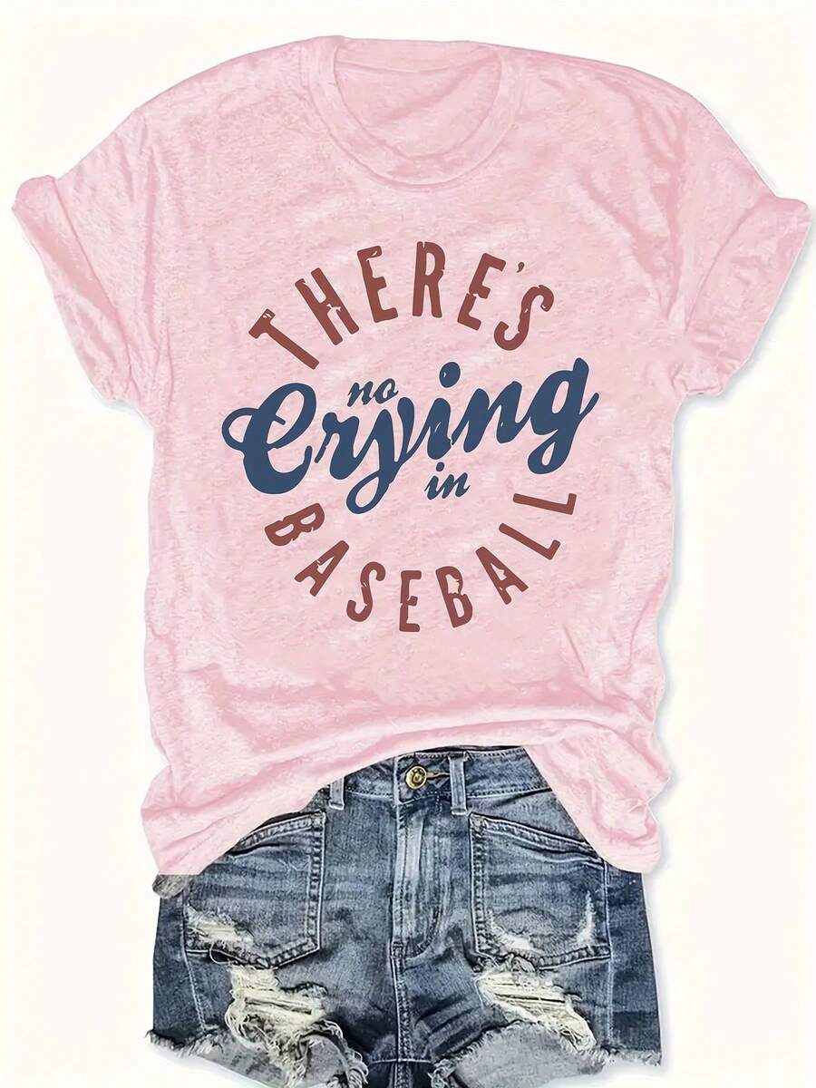 Women's Plus Size Graphic T-Shirt With The Phrase "No Regrets In Baseball" - Casual Crew Neck, Short Sleeve, Soft Fabric, Perfect For Autumn And Winter, Baseball Fan Clothing | Funny Letter T-Shirt | Soft Fabric T-Shirt - 藕色 - 查看 1