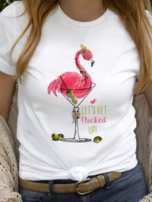 Camiseta de talla grande con estampado de flamencos, camiseta casual de manga corta con cuello redondo, ropa de talla grande para mujer - Blanco - Ver 1