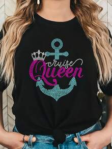 Elegant Plus Size T-Shirt With 'Queen' Letter Print - Casual Crew Neck, Short Sleeve For Women, Machine Washable - 黑色 - 查看 5