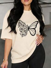 Camiseta de manga corta para mujer, apta para uso diario, salidas casuales, fines de semana, vacaciones y encuentros informales, con estampado de mariposa con mitad de diseño de flores y hojas en la zona frontal, cuello redondo clásico, manga corta de corte regular, confeccionada en tejido de poliéster, de estilo casual, fresco y urbano, ideal para su uso durante las temporadas de primavera y verano. Envío nacional dentro de México. - Albaricoque - Ver 1