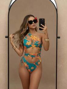 Traje de baño monokini sexy para mujer, diseño de un hombro con recortes, elegante para vacaciones de verano en la playa, color negro - Azul lago + naranja - Ver 2