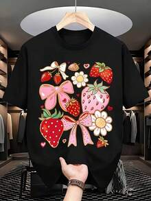 1 pieza de camiseta casual de verano para mujer con estampado de lazo de fresa y flores, con diseño de corazón y margarita. Es una camiseta perfecta para regalar a amigos y familiares en cualquier día festivo u ocasión especial, 220g180g 100% algodón. - Negro - Ver 3