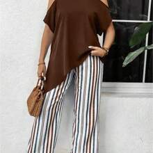 Holidaya Plus Size Blue Casual Loose Cold Shoulder Two Pieces Set, For Summer - Café integral - Ver 1