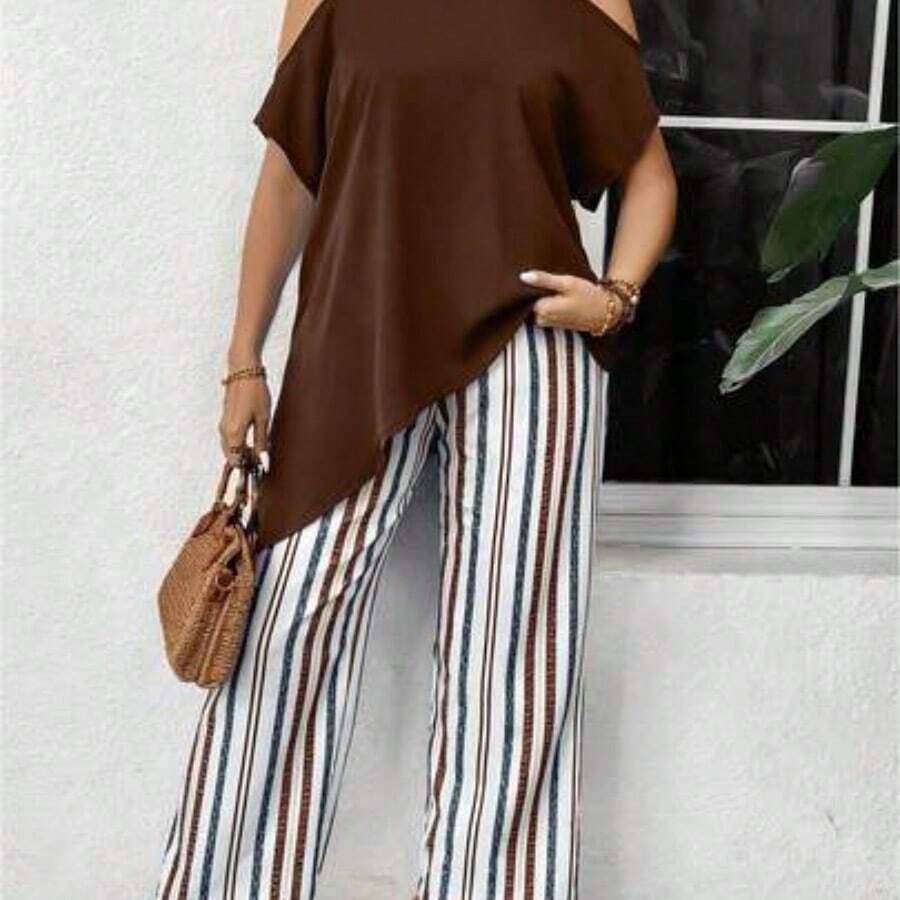 Holidaya Plus Size Blue Casual Loose Cold Shoulder Two Pieces Set, For Summer - Café integral - Ver 1