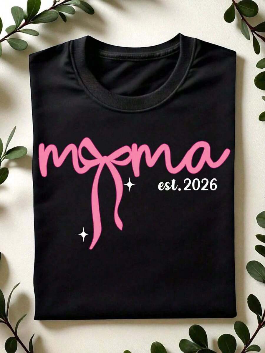 1 Mama Est 2026 T-Shirt, Pink T-Shirt With Bow For Mom, T-Shirt For New Mom, Mother's Day Gift, Short-Sleeved T-Shirts For Mom, Gift For Expectant Mother, Maternity T-Shirts. CL-682180g 100% Cotton - 黑色 - 查看 1