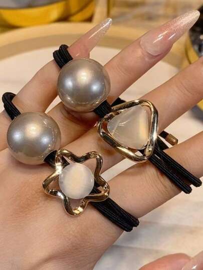 2pcs High Elasticity Headbands With Faux Pearl And Opal-Like Star & Triangle Decor, Non-Slip Ponytail Holder, Minimalist Elegant Daily Hair Accessories For Women