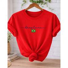 Brazilian Women's Yellow T-Shirt With Brazil Print - 100% Cotton - Casual - World Cup - National Team - 紅色 - 查看 1