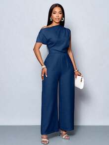 Mono de pierna ancha con hombros descubiertos, cuello asimétrico, pliegues en los hombros y manga corta, de uso casual, elegante y apropiado para salidas diurnas, en color albaricoque, para mujer de uso en las cuatro estaciones - Azul marino - Ver 4