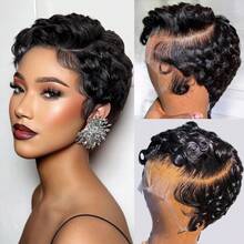 AMECIRE 13x4 Short Curly Pixie Cut Human Hair Full Lace Frontal Wig, Pre-Cut Layered Deep Wave Pixie Cut Human Hair Wig, Suitable For Daily Wear, Cosplay, Party, Music Festival - Natural Black - View 2