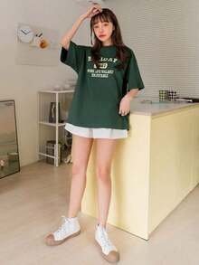 Camiseta de manga corta con estampado de letras , hombros caídos, estilo oversize de verano, 100% algodón. - verde - Ver 4