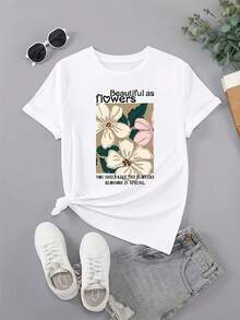 A Women's White Short-Sleeved T-Shirt With A Round Neck, Perfect For Casual Summer Wear. It's Soft And Breathable, Suitable For Home, Travel, And As A Great Gift For Mother's Day. With Its Minimalist And Cute Style, It's Very Fashionable. - 白色 - 查看 1