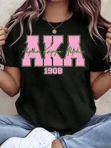 Camiseta de mujer de tema de verano 2026 con estampado de la hermandad Alpha Alpha AKA 1908, cuello redondo, manga corta, informal, regalo para estudiantes universitarios - Negro - Ver 2