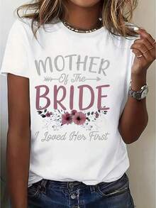 1 pieza de ropa de mujer: camiseta blanca con estampado de madre y novia, camisas, top blanco, camisetas gráficas para mujer, camiseta unisex casual de cuello redondo, tejido de punto ligero de 220 g/m², lavable a máquina, para primavera/verano/otoño, bodas, despedidas de soltera, Día de la Madre. - Blanco - Ver 1
