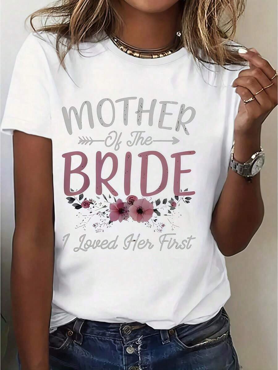 1 pieza de ropa de mujer: camiseta blanca con estampado de madre y novia, camisas, top blanco, camisetas gráficas para mujer, camiseta unisex casual de cuello redondo, tejido de punto ligero de 220 g/m², lavable a máquina, para primavera/verano/otoño, bodas, despedidas de soltera, Día de la Madre. - Blanco - Ver 1