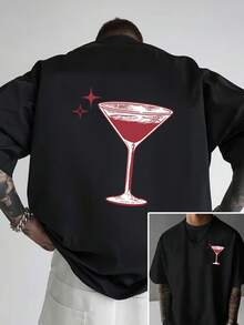 Camiseta Negra para Hombre - Camiseta con Diseño Gráfico de Martini y Copa de Cóctel Roja - Camiseta Transpirable de Corte Regular para Fiestas, Atuendos Casuales y Vestimenta Informal - Camiseta de Verano Lavable a Máquina para Baresmanos y Amantes de los Cócteles, Ropa de Fiesta, Material Cómodo, Camiseta de Manga Corta, Camiseta Y2k para Fiesteros - Negro - Ver 2