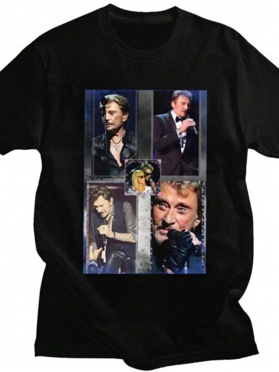Custom Male French Singer Rock Music Johnny Hallyday Women T Shirts Short Sleeves Cotton Tshirts T-Shirt Casual Tee Loose Fit Clothing - 黑色 - 查看 1