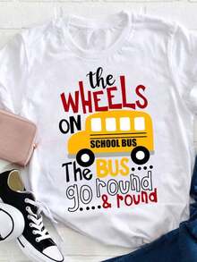 1 Pieza Camiseta con Estampado de Rueda de Autobús de 180g, Regalo de Agradecimiento para Maestras, Camiseta para Maestras, Camiseta Gráfica para Mujer, Regreso a Clases, Ropa para Maestras, Camiseta Casual de Cuello Redondo para Mujer, Camiseta Ajustada, Blusas para Mujer - Blanco - Ver 8